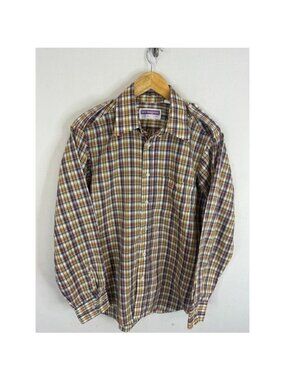 Vintage 70s Men  L Lew Magram Plaid Button Shirt Epaulets Long Sleeve New York